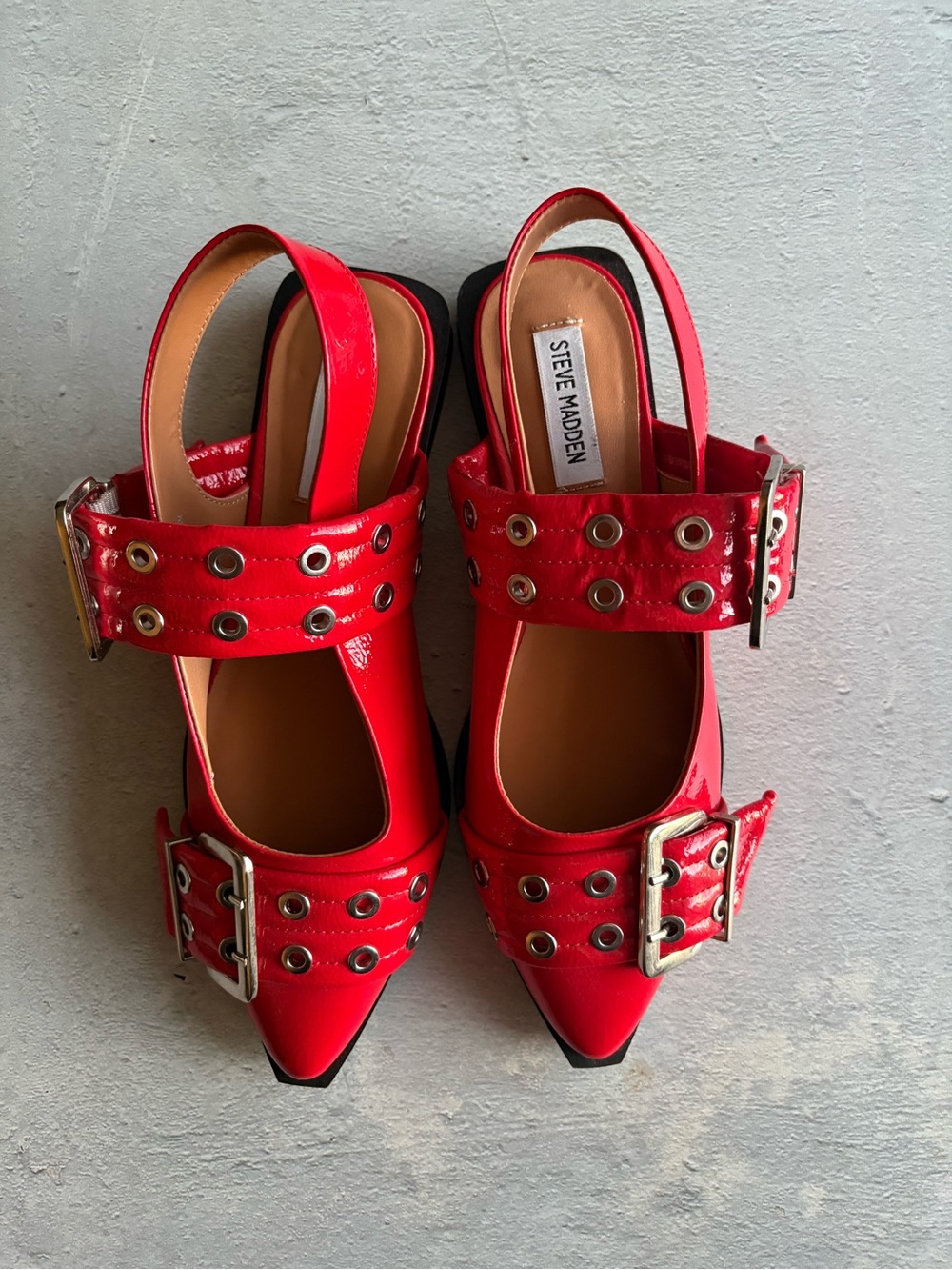 Steve Madden Red Patent Pointed Slingback Flats with Grommet Straps, Size 8.5